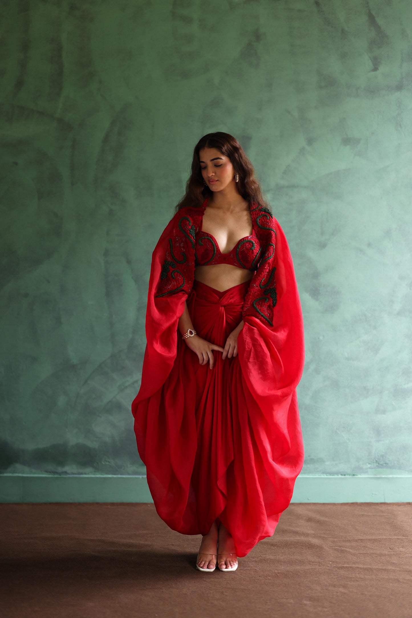 Scarlet Red Cape and Drape Skirt Set