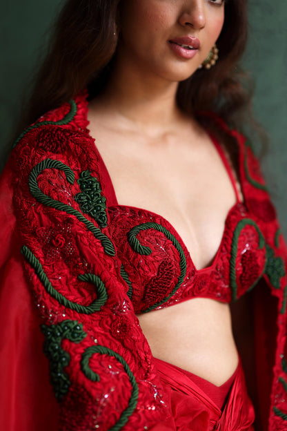 Scarlet Red Cape and Drape Skirt Set