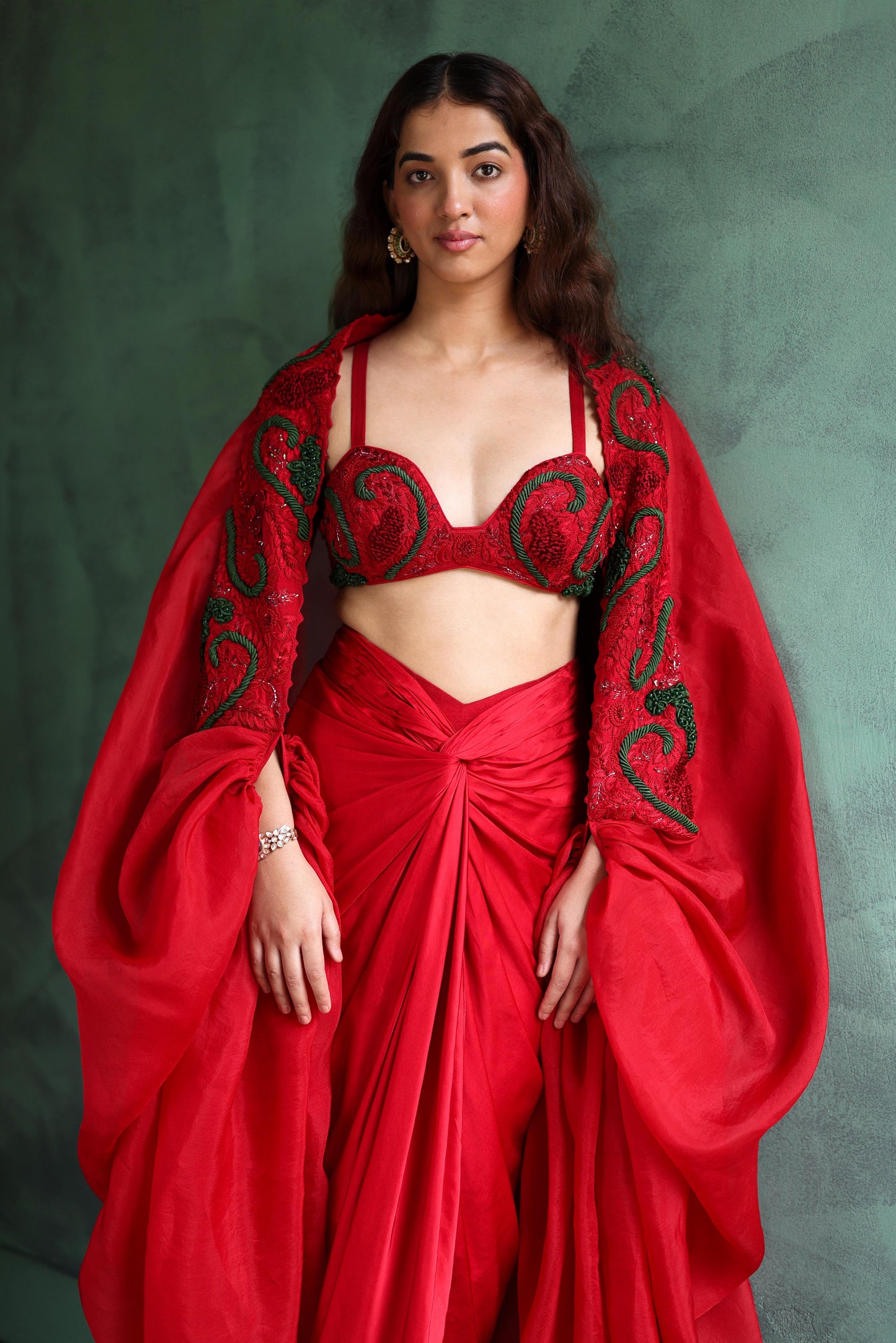 Scarlet Red Cape and Drape Skirt Set