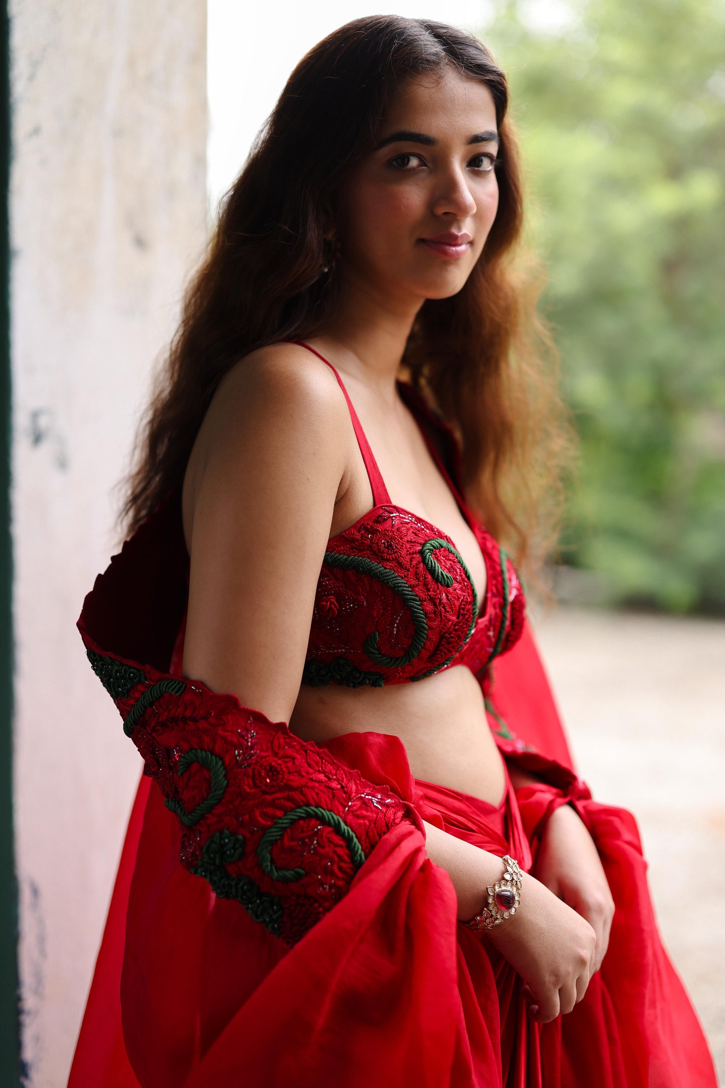 Scarlet Red Cape and Drape Skirt Set