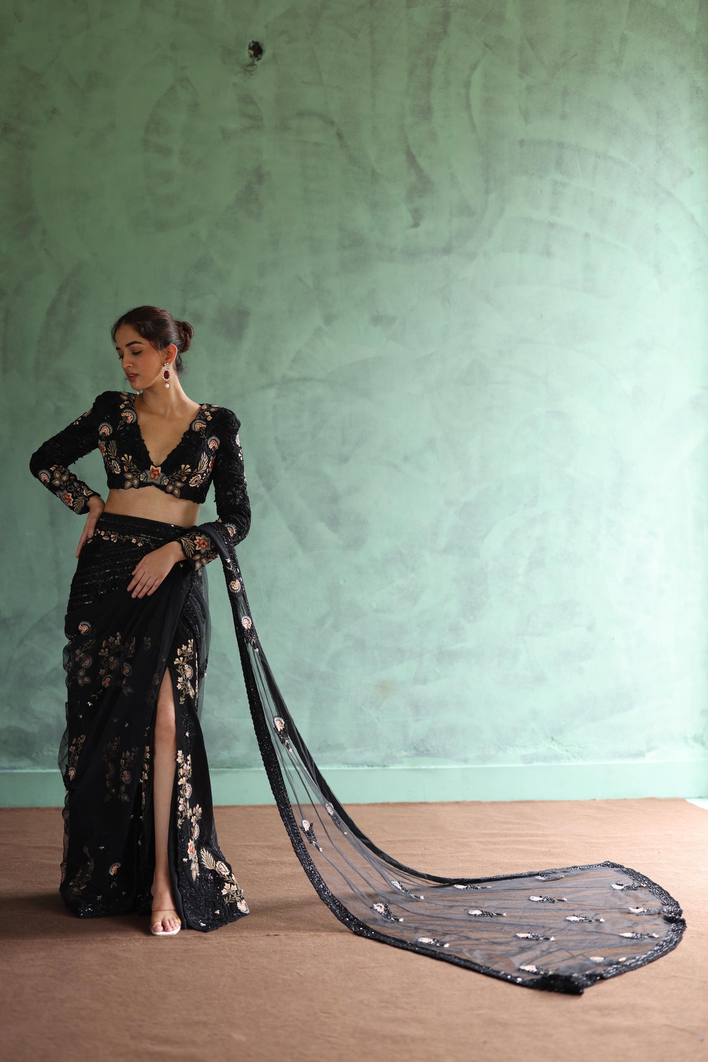 Black Drape Saree Lehenga Set