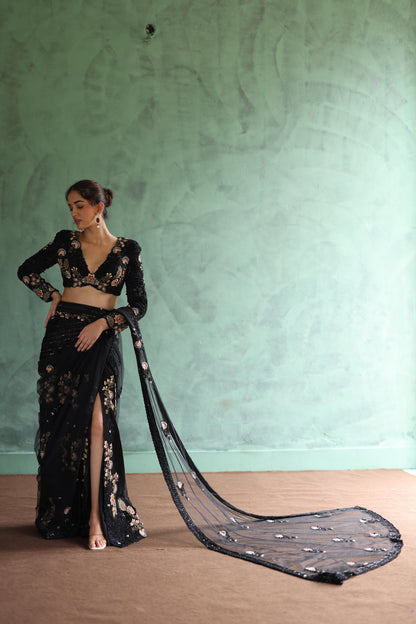 Black Drape Saree Lehenga Set