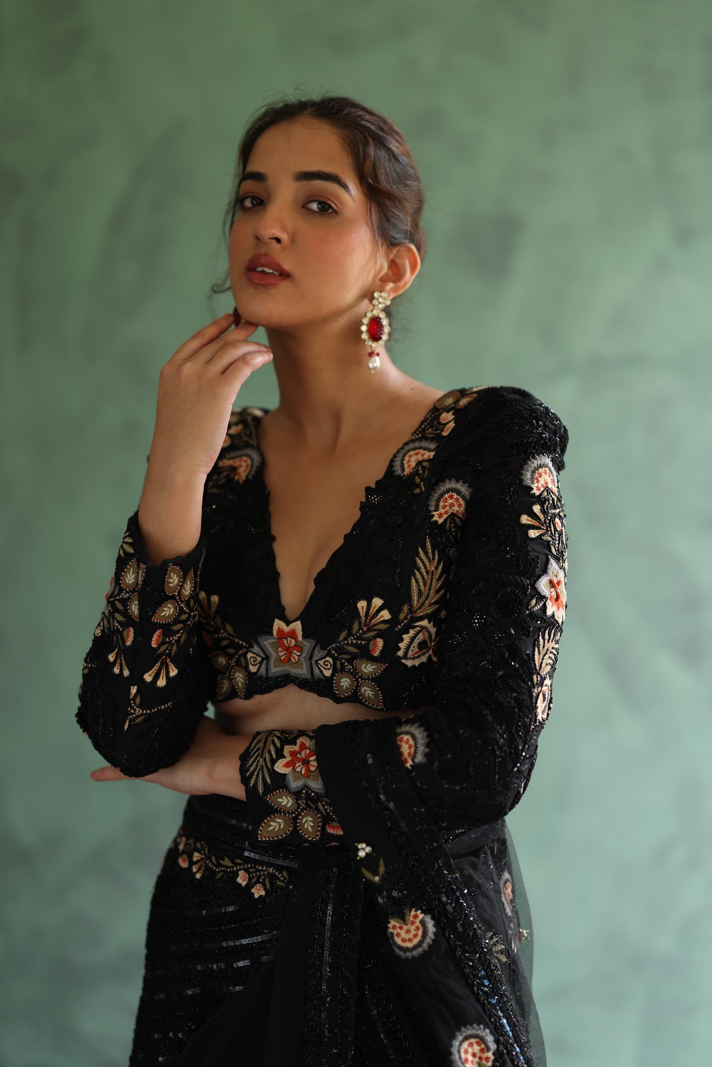 Black Drape Saree Lehenga Set