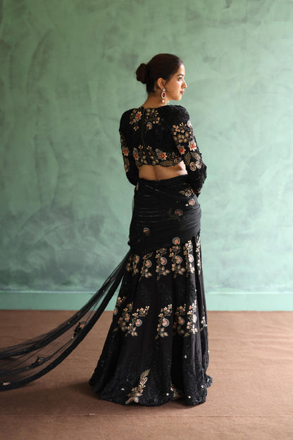 Black Drape Saree Lehenga Set
