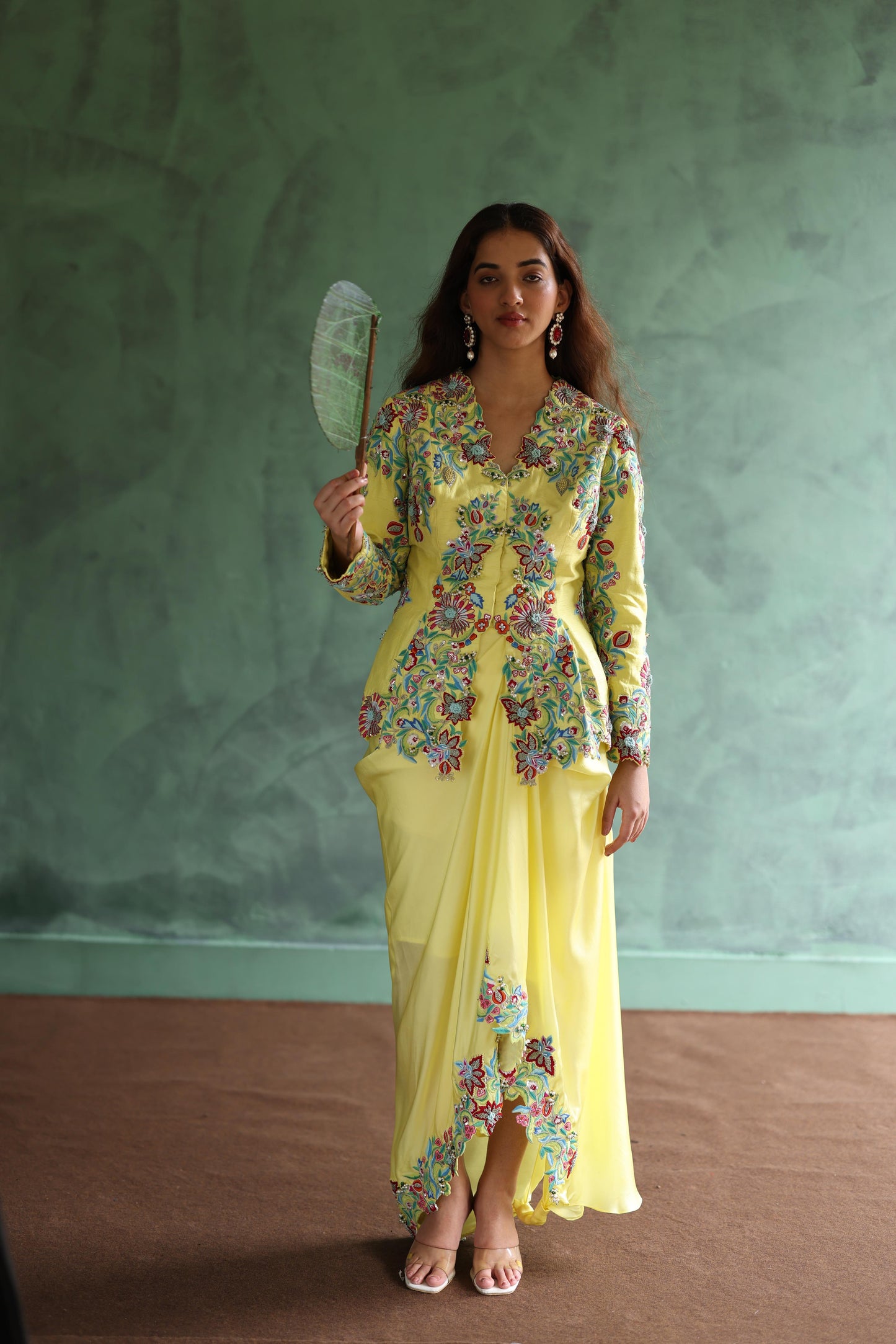 Lime Peplum Jacket and Drape Skirt Set
