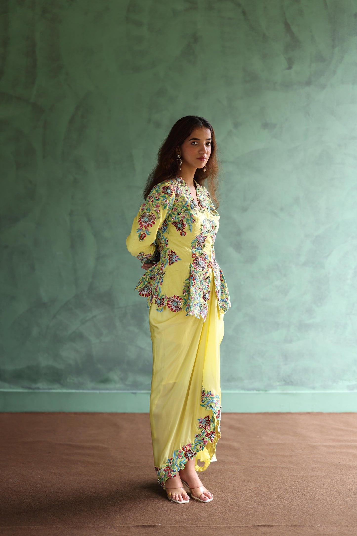 Lime Peplum Jacket and Drape Skirt Set