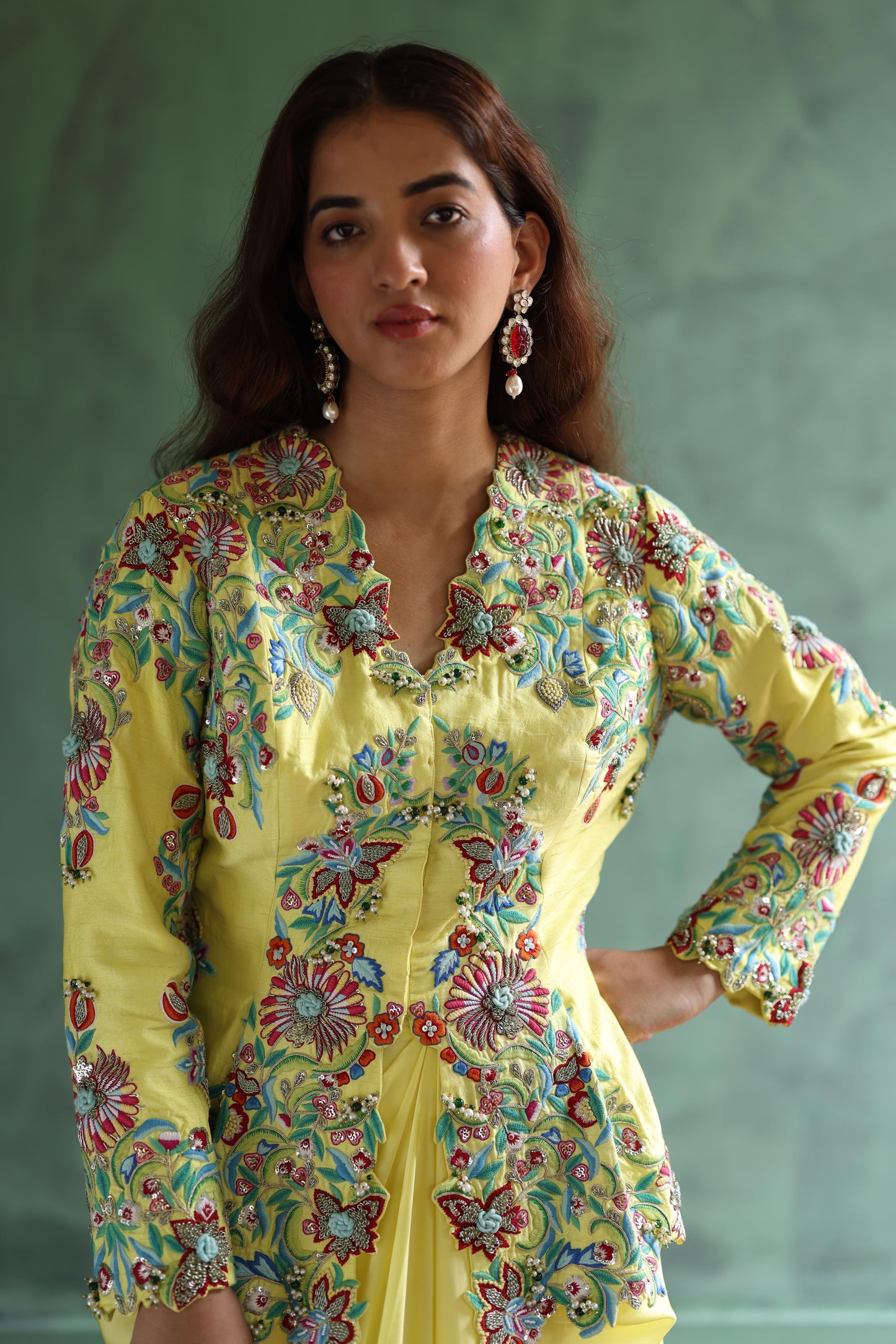 Lime Peplum Jacket and Drape Skirt Set