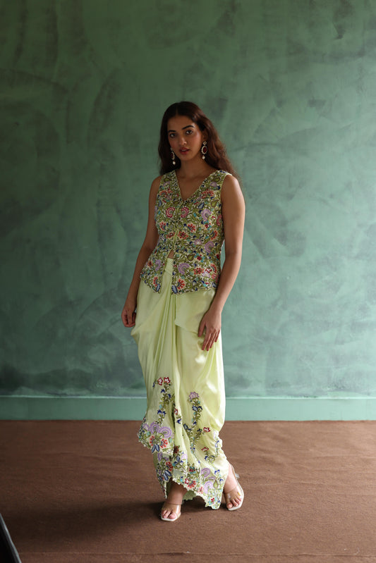 Neon-Green Waistcoat and Drape Skirt Set