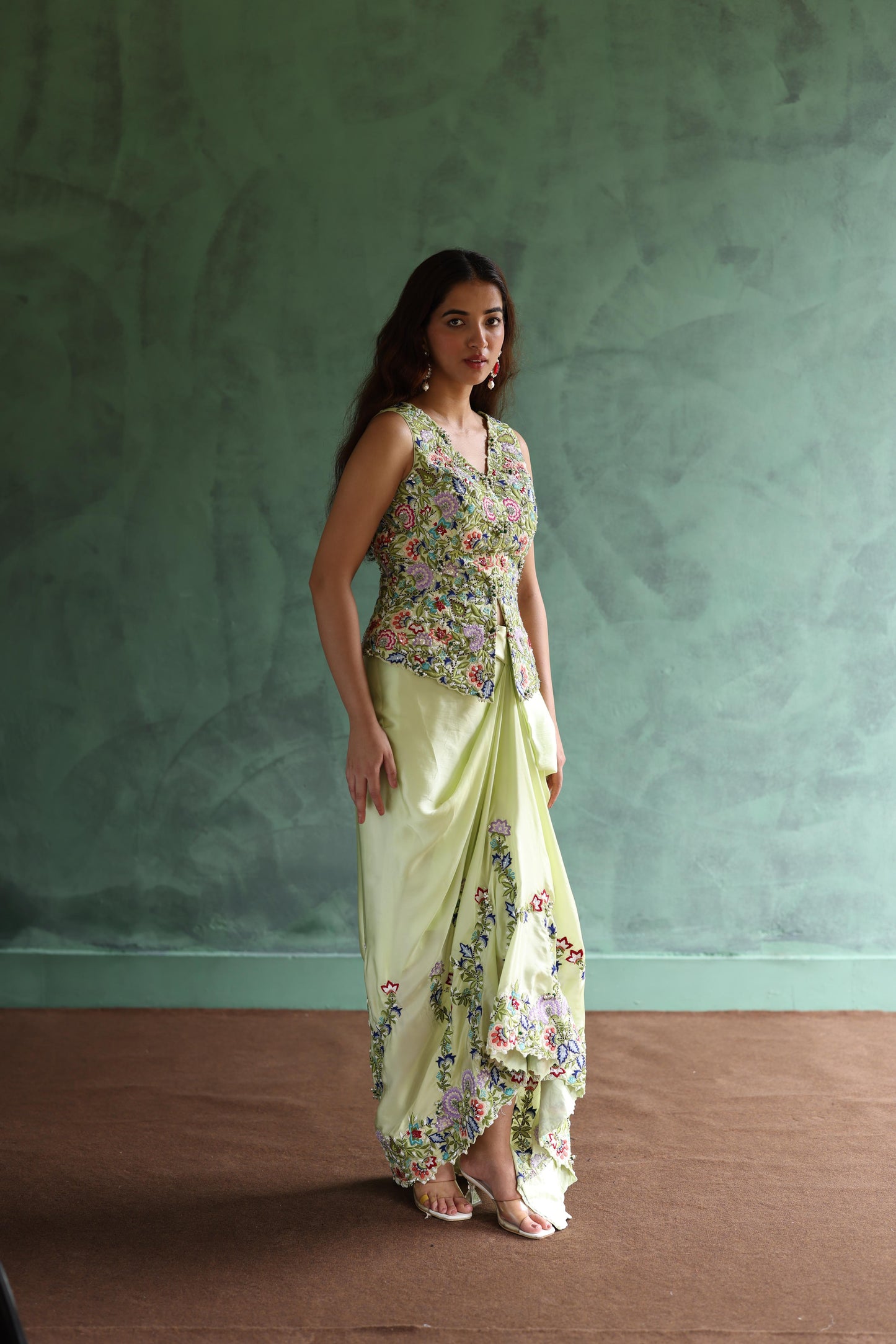 Neon-Green Waistcoat and Drape Skirt Set