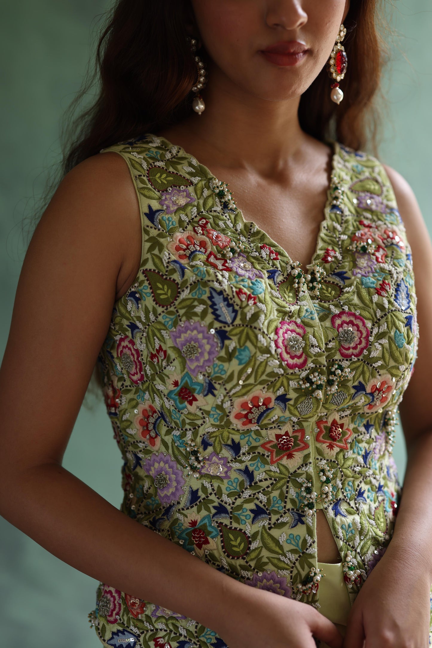 Neon-Green Waistcoat and Drape Skirt Set