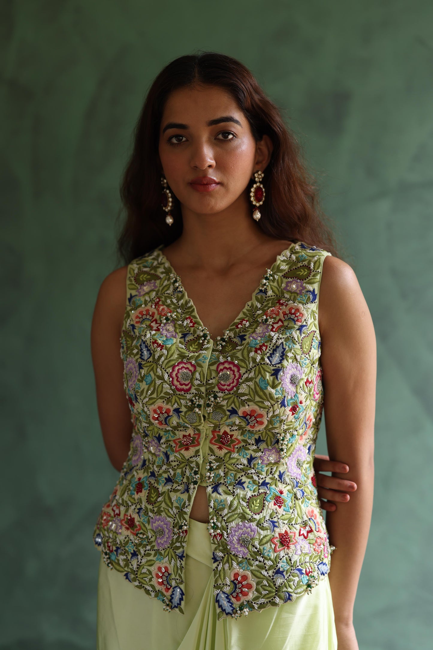 Neon-Green Waistcoat and Drape Skirt Set