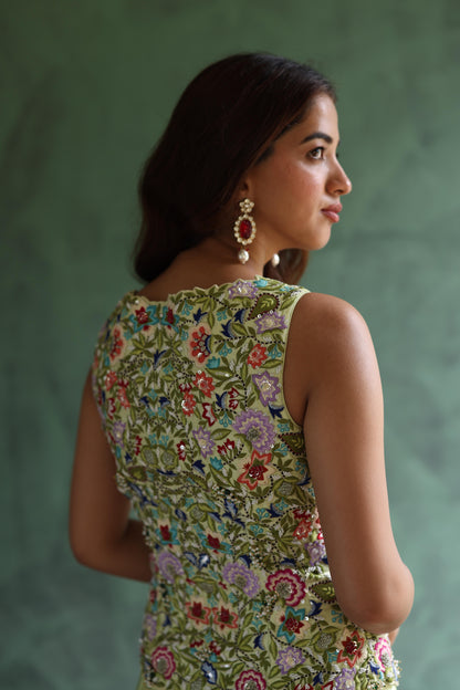Neon-Green Waistcoat and Drape Skirt Set