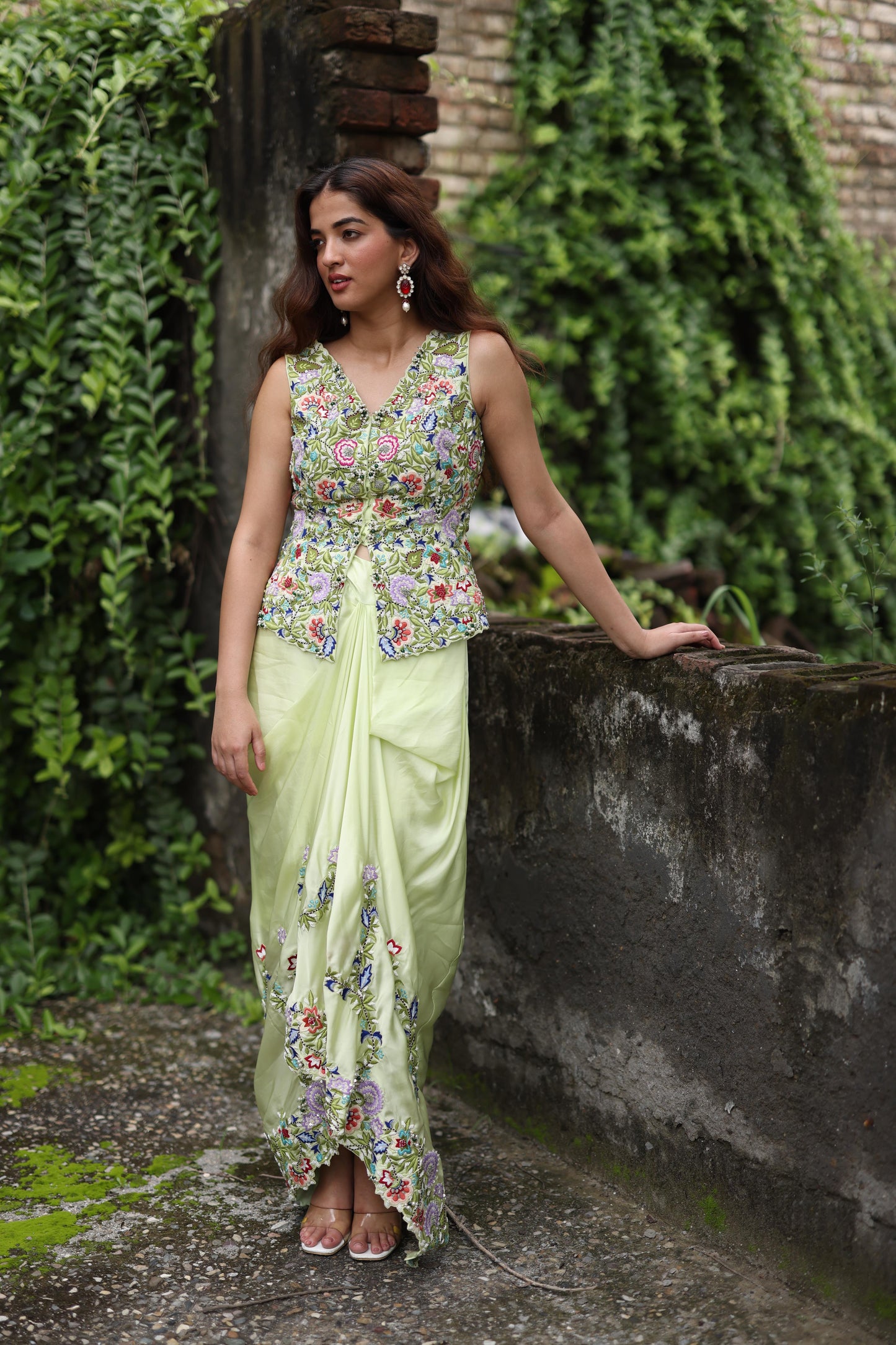 Neon-Green Waistcoat and Drape Skirt Set
