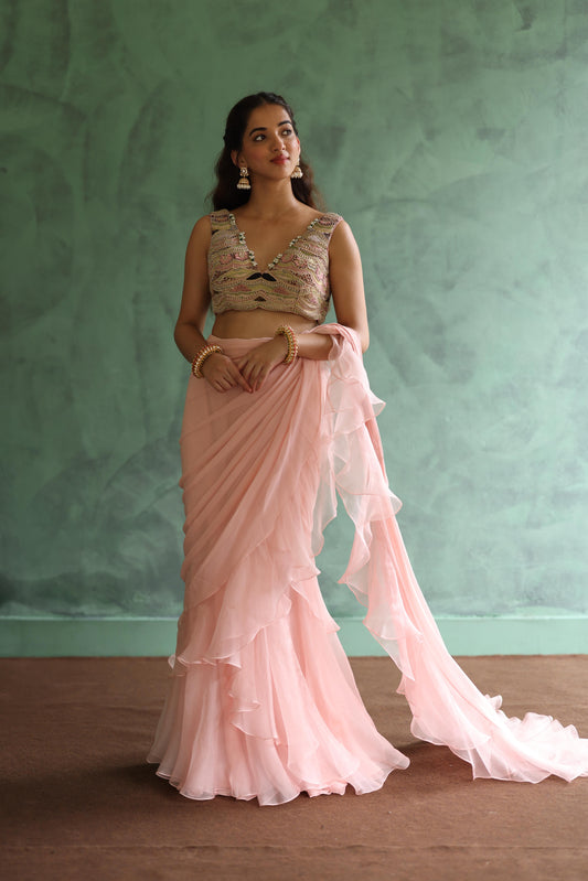 Baby-Pink Saree Set