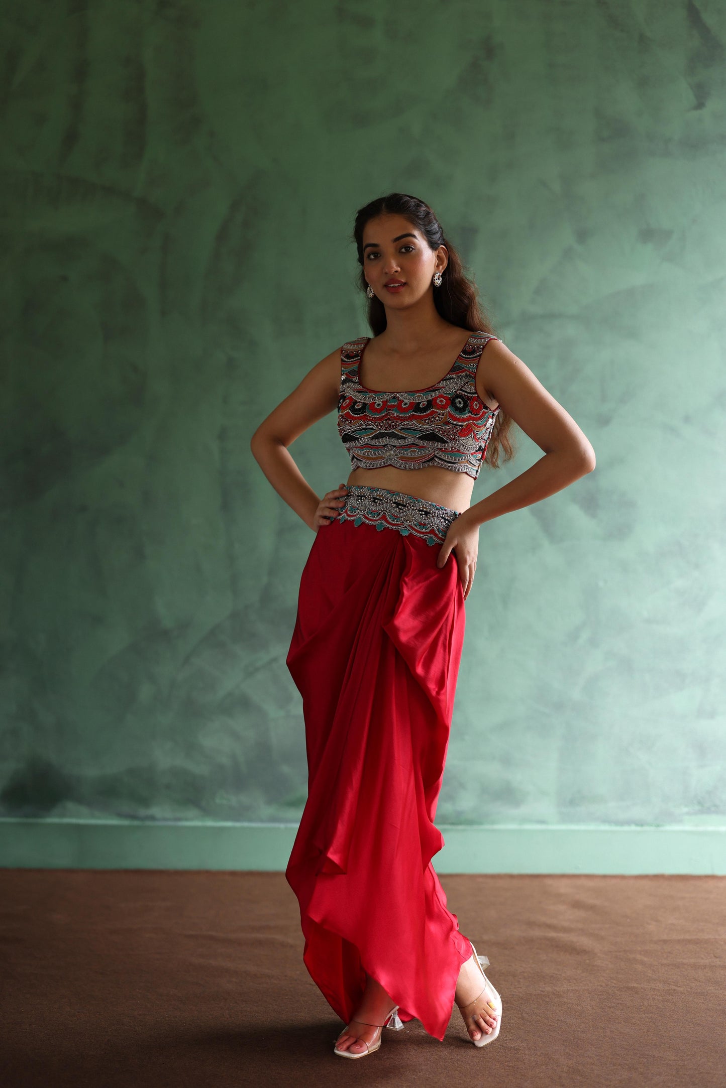 Black Abaya and Crimson Dhoti Skirt Set