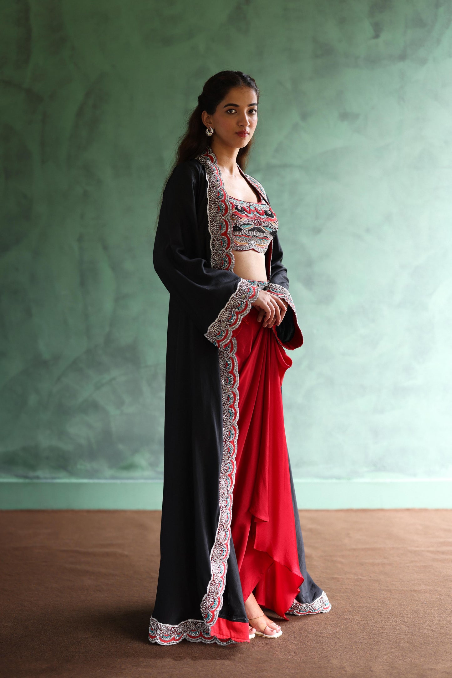 Black Abaya and Crimson Dhoti Skirt Set
