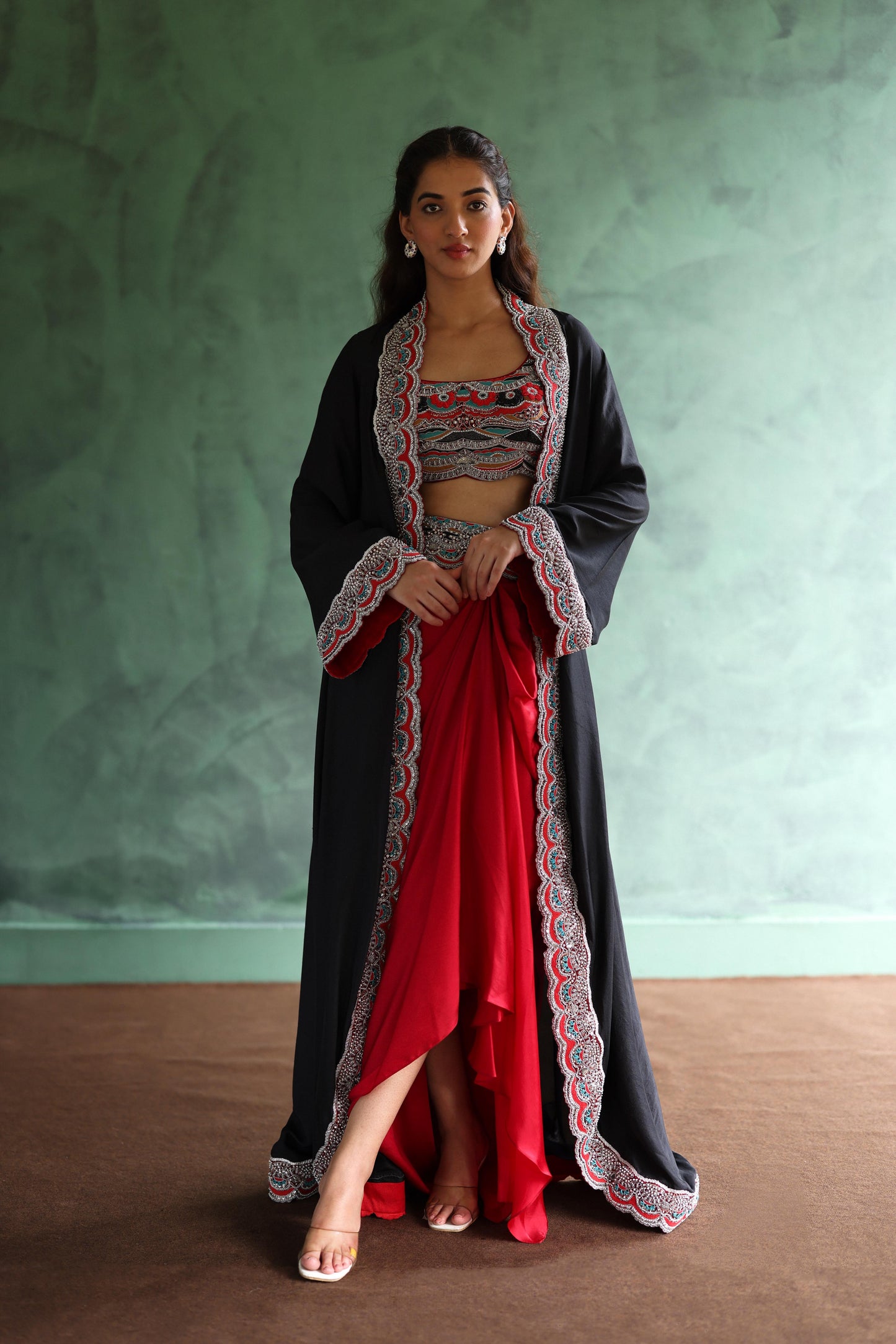 Black Abaya and Crimson Dhoti Skirt Set