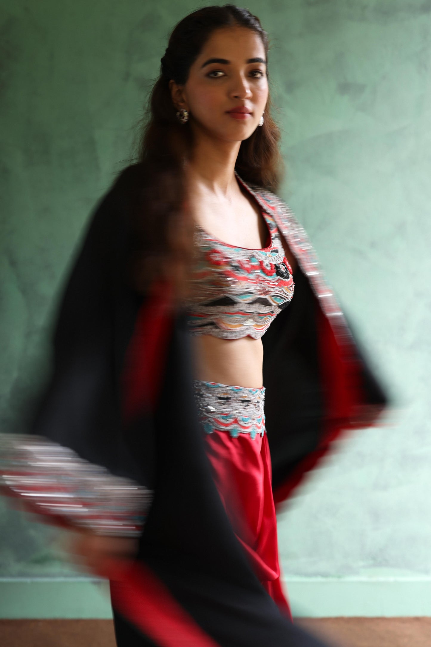 Black Abaya and Crimson Dhoti Skirt Set