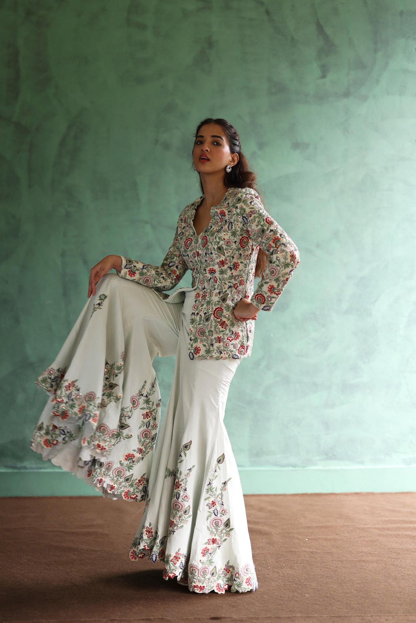 Multi-Colour Floral Jacket and Ivory Sharara Pants Set