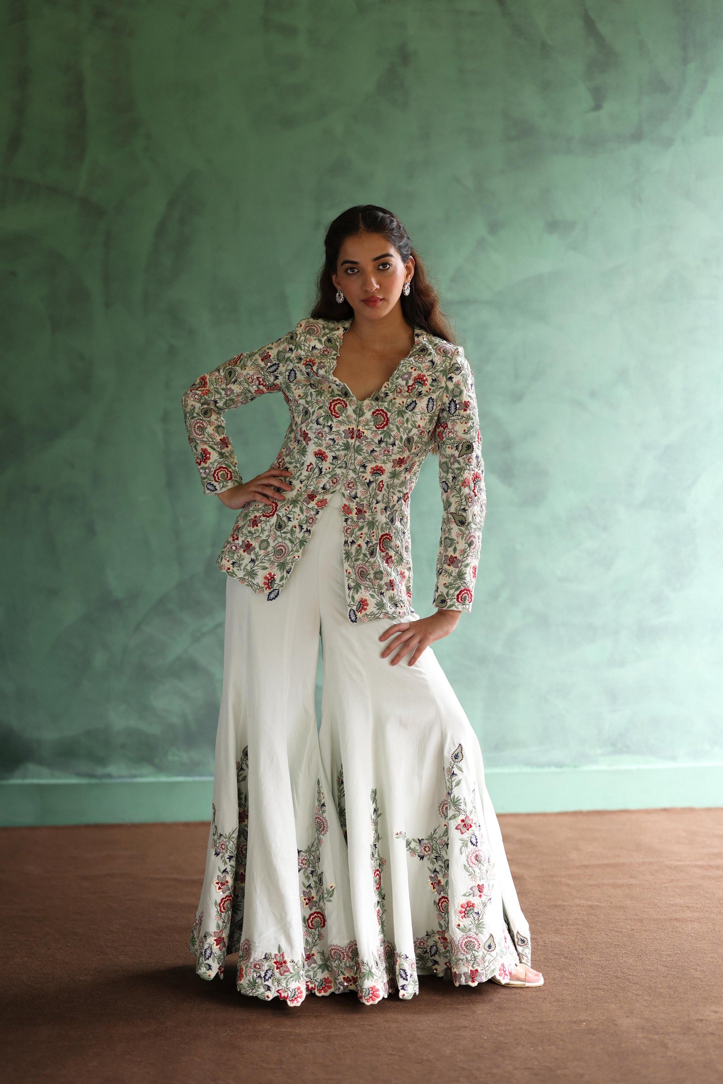 Multi-Colour Floral Jacket and Ivory Sharara Pants Set