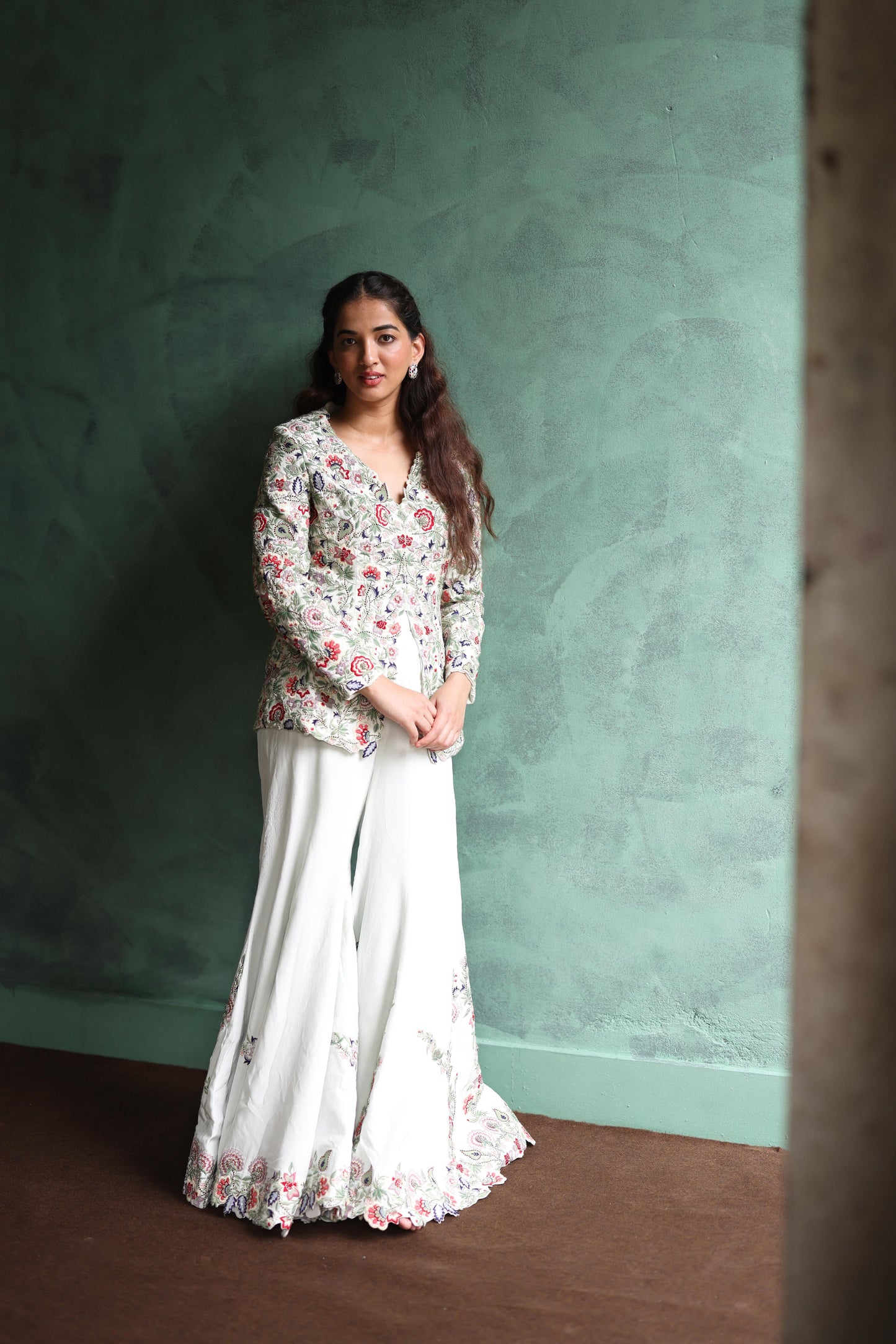 Multi-Colour Floral Jacket and Ivory Sharara Pants Set