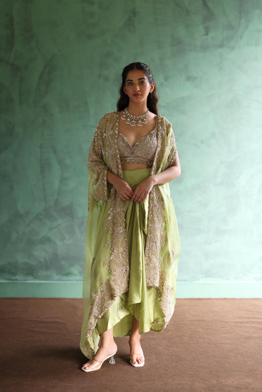 Gold Cape and Dusty-Green Dhoti Skirt Set