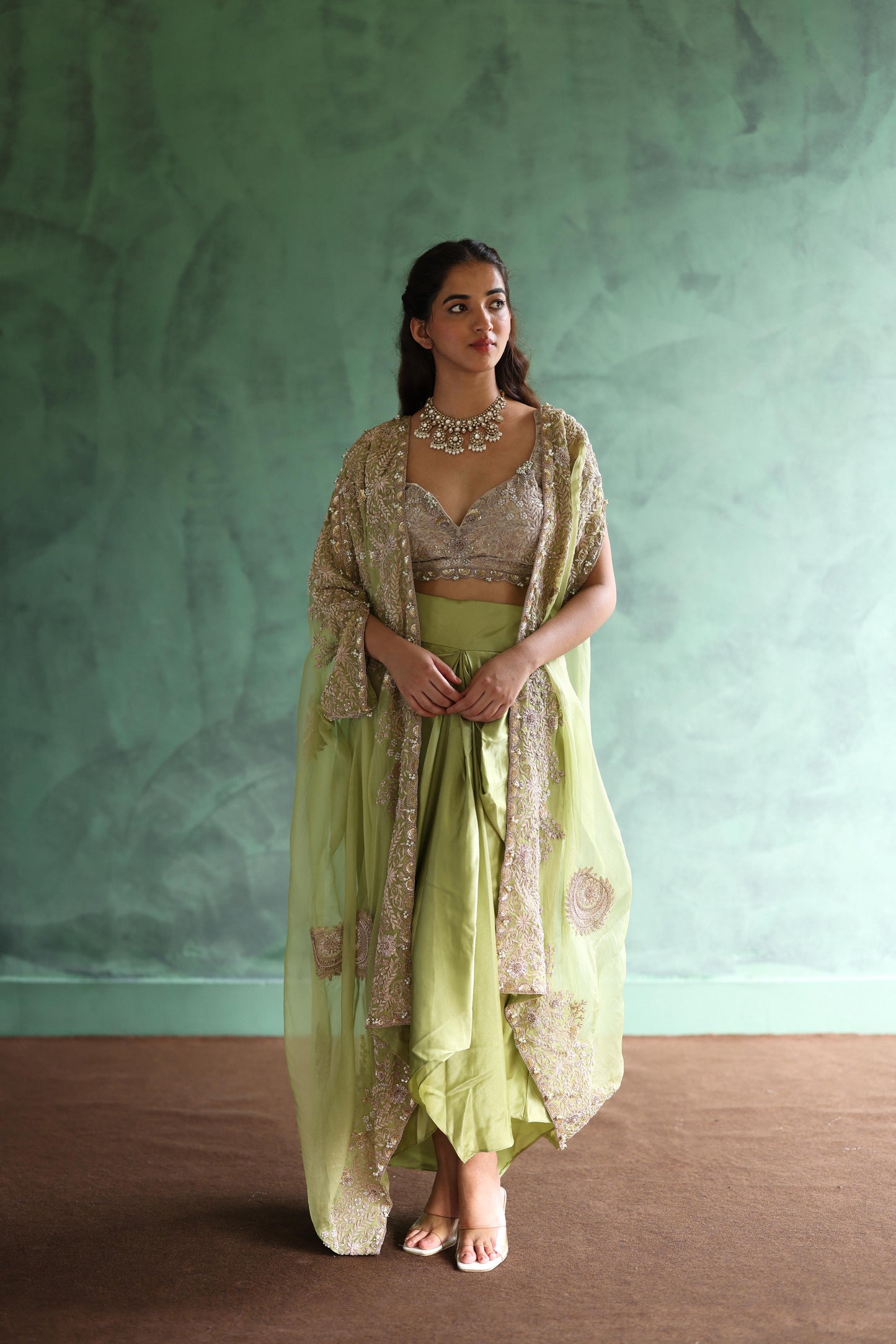 Gold Cape and Dusty-Green Dhoti Skirt Set