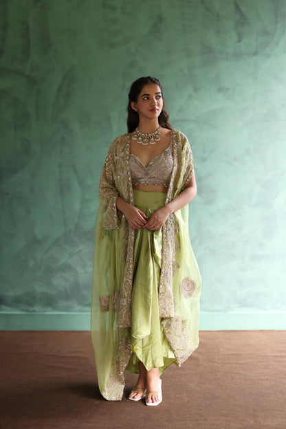 Gold Cape and Dusty-Green Dhoti Skirt Set