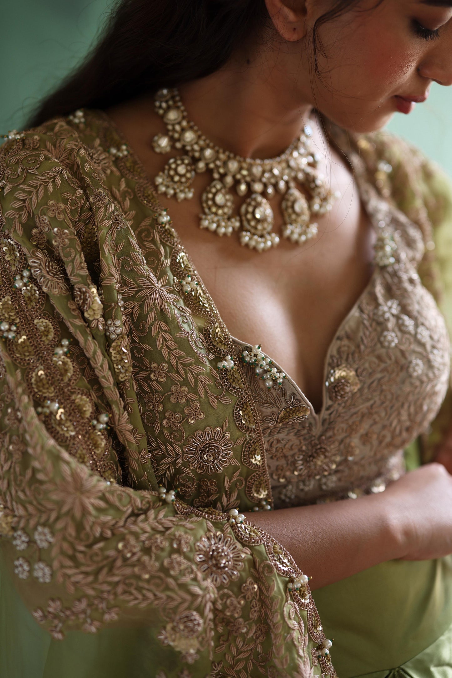 Gold Cape and Dusty-Green Dhoti Skirt Set