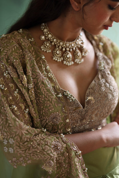 Gold Cape and Dusty-Green Dhoti Skirt Set