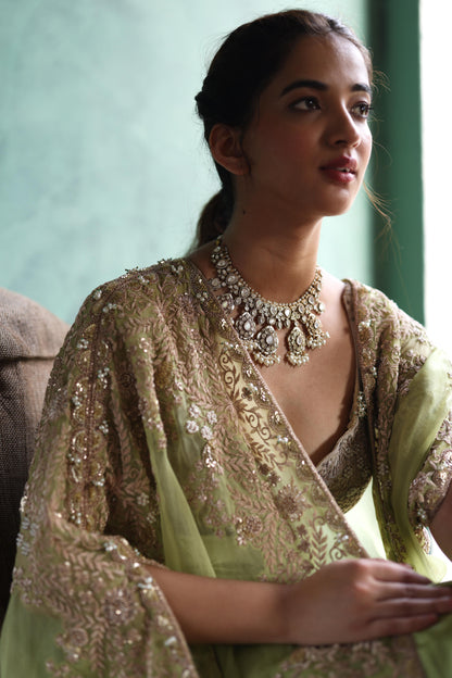 Gold Cape and Dusty-Green Dhoti Skirt Set