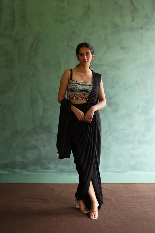 Black Bohemian Jacket and Drape Saree Set