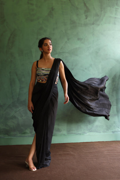 Black Bohemian Jacket and Drape Saree Set