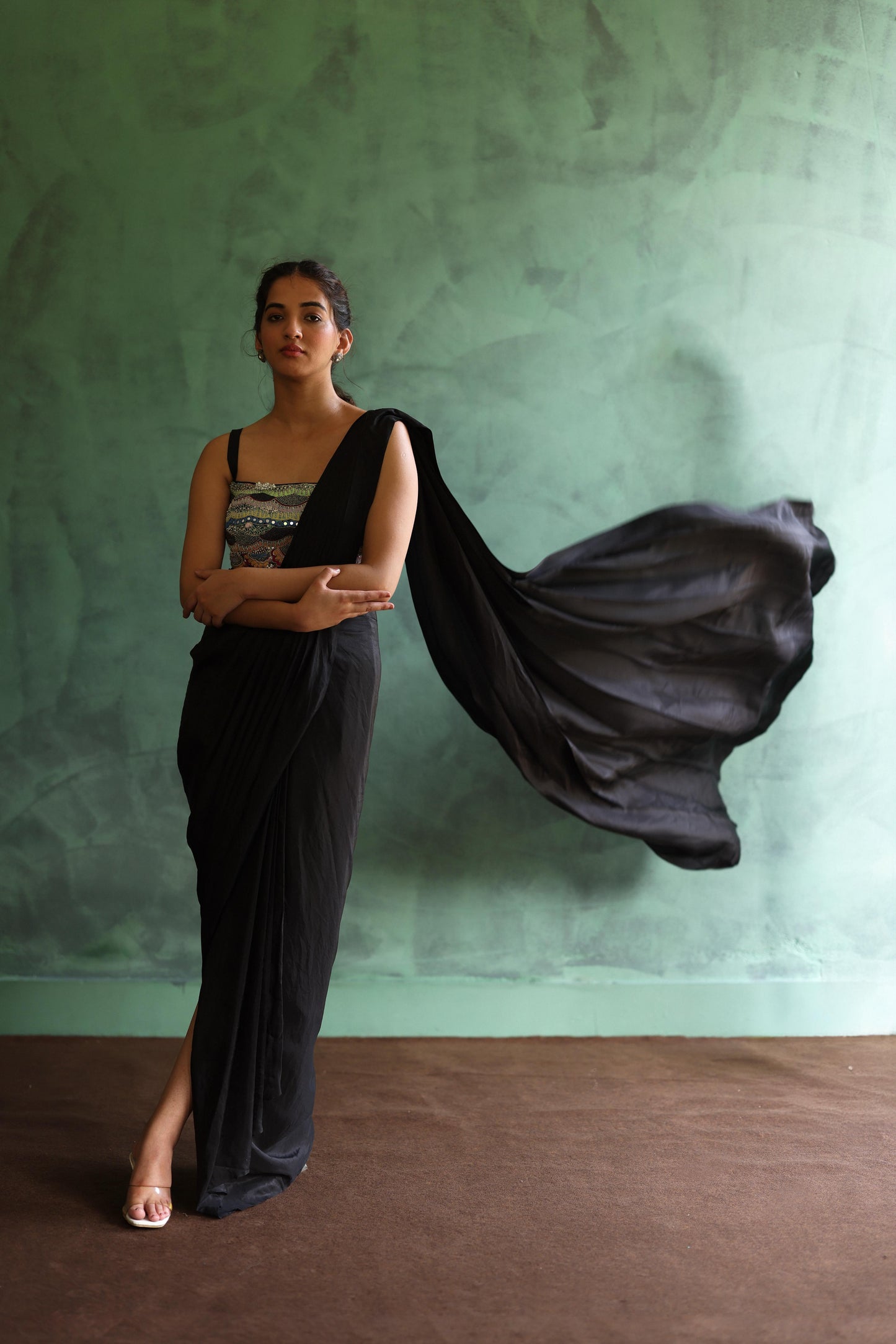 Black Bohemian Jacket and Drape Saree Set