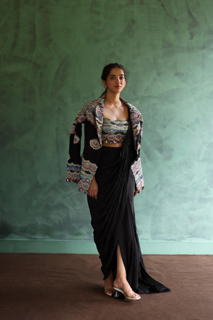 Black Bohemian Jacket and Drape Saree Set
