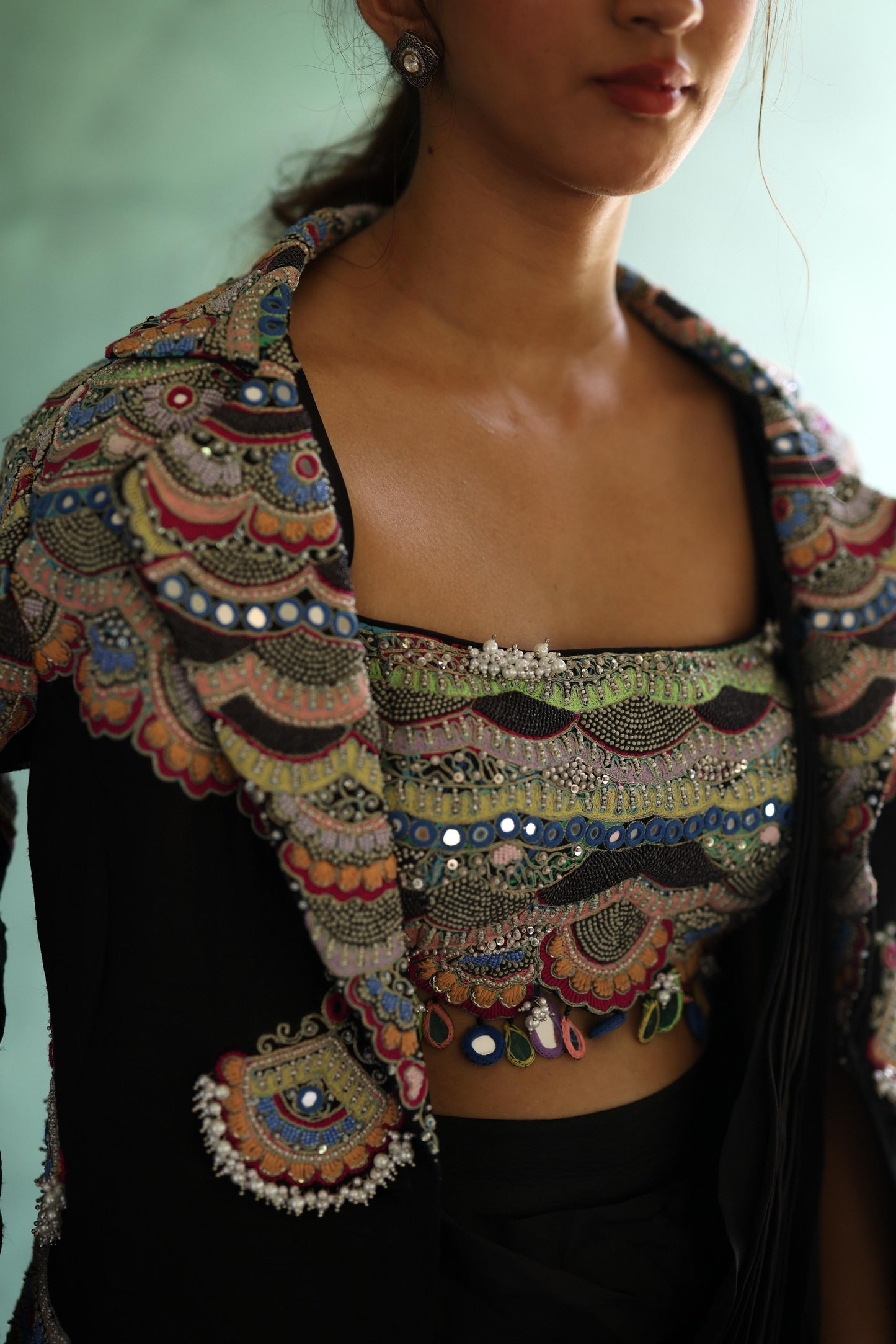Black Bohemian Jacket and Drape Saree Set