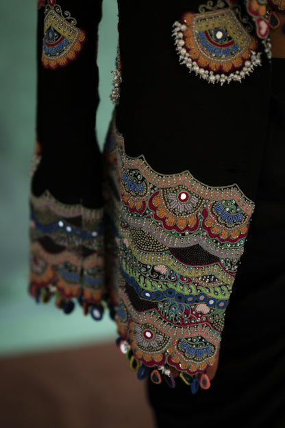 Black Bohemian Jacket and Drape Saree Set