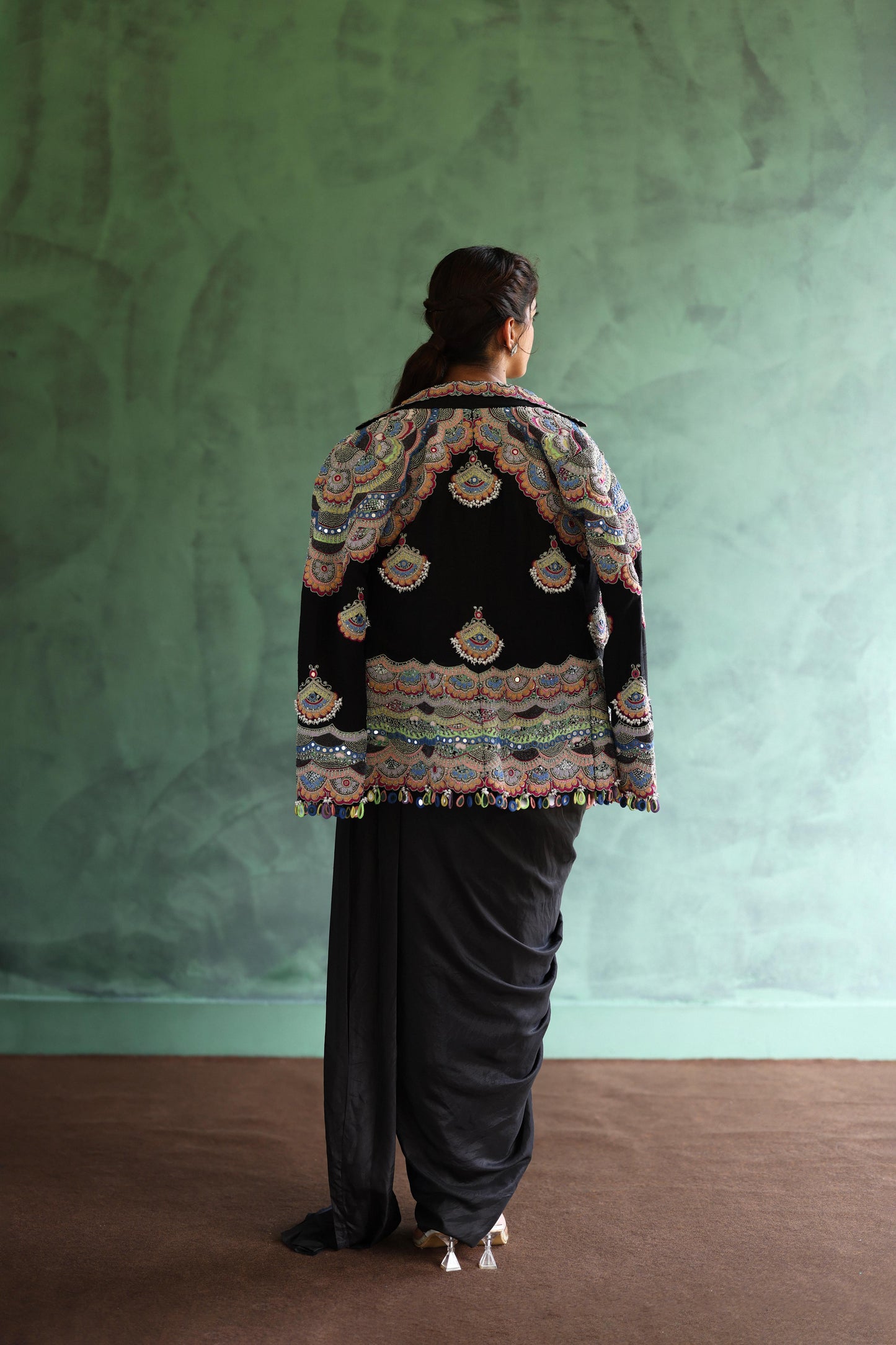 Black Bohemian Jacket and Drape Saree Set