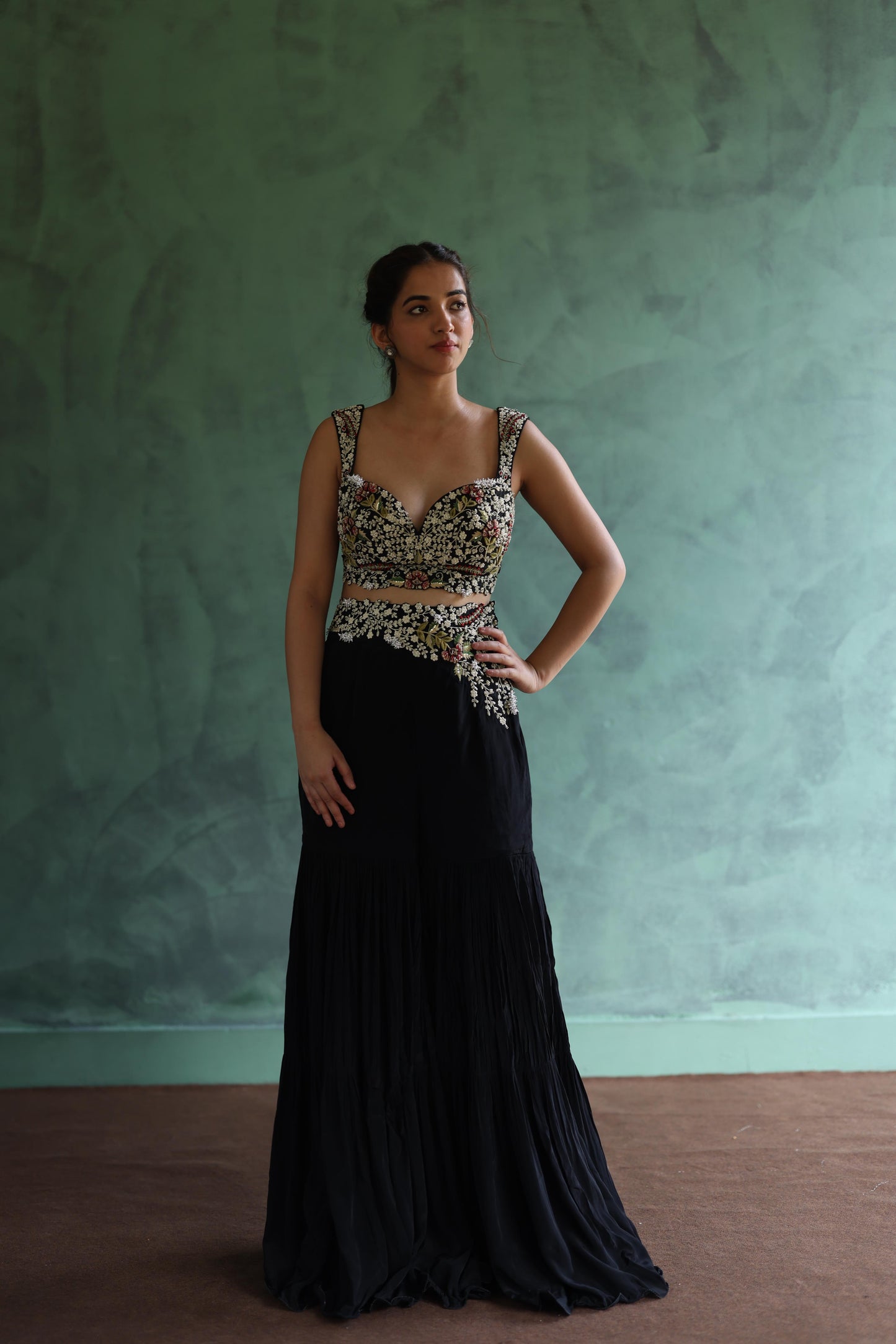 Black Floral Jacket and Sharara Pants Set