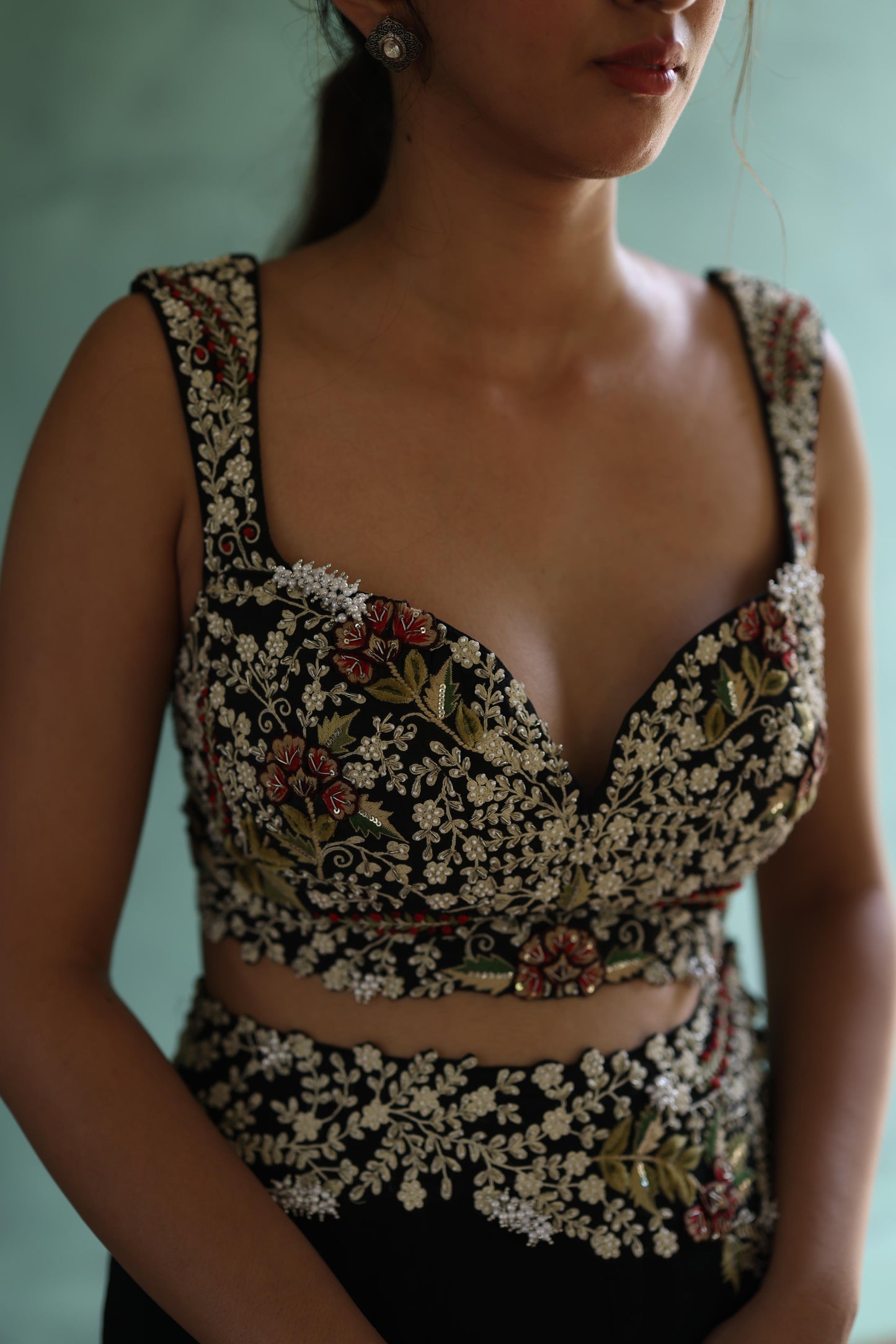 Black Floral Jacket and Sharara Pants Set