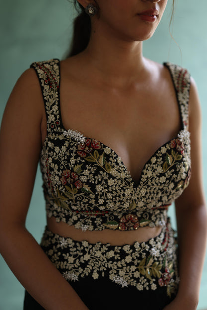 Black Floral Jacket and Sharara Pants Set