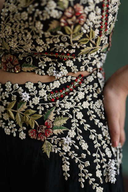 Black Floral Jacket and Sharara Pants Set