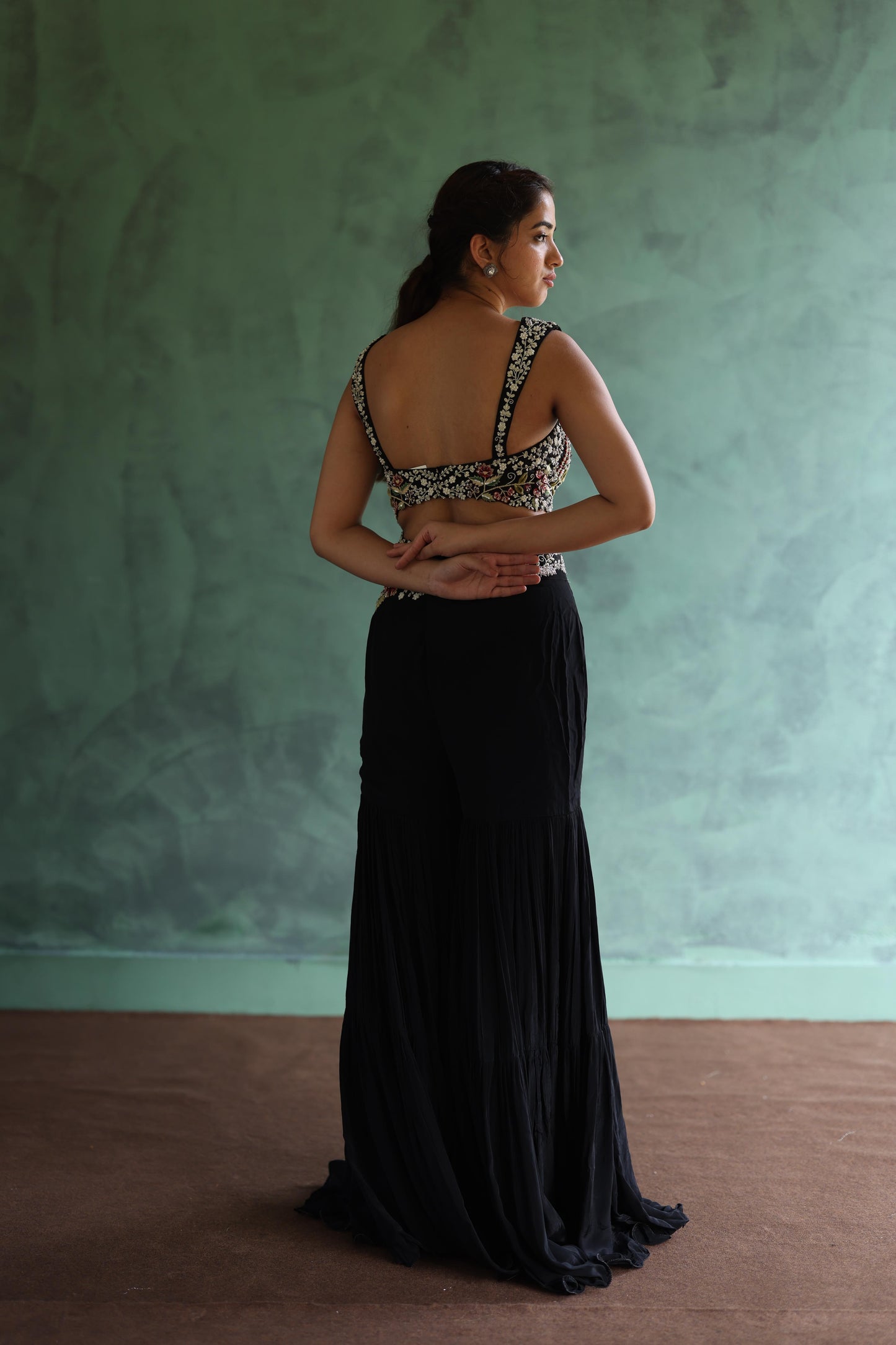 Black Floral Jacket and Sharara Pants Set