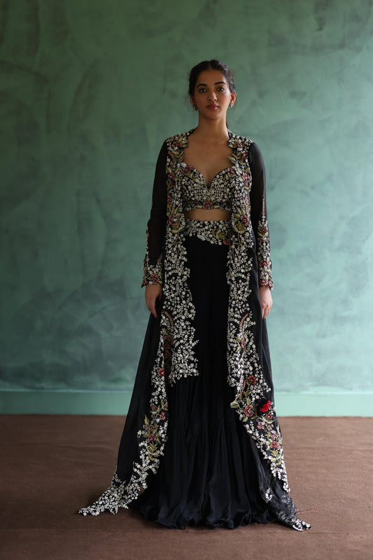 Black Floral Jacket and Sharara Pants Set